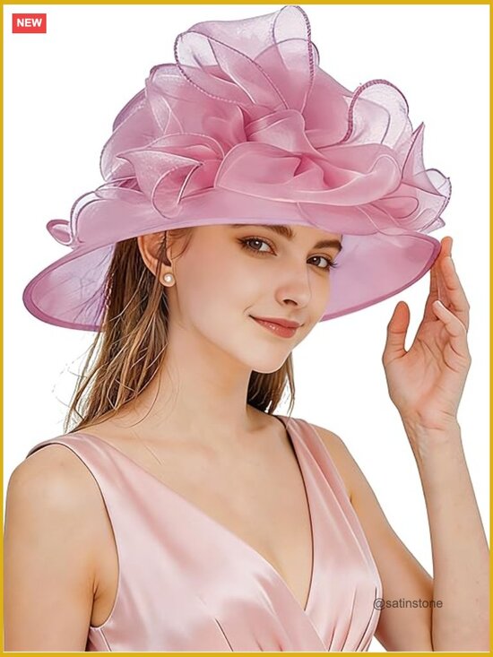 Organza Fascinator Derby Hat with Wide Brim for Wedding Church Tea Party